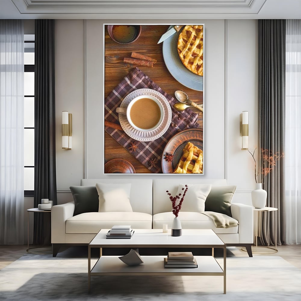 Tablou canvas cu natura moarta cu cafea si placinta, in rama de aluminiu argintiu, pe perete intr-un living
